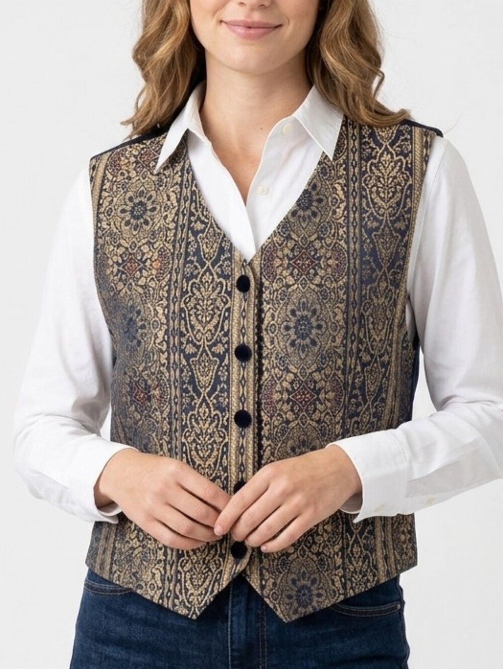 Vintage Liz Claiborne Gold and Blue Brocade Vest